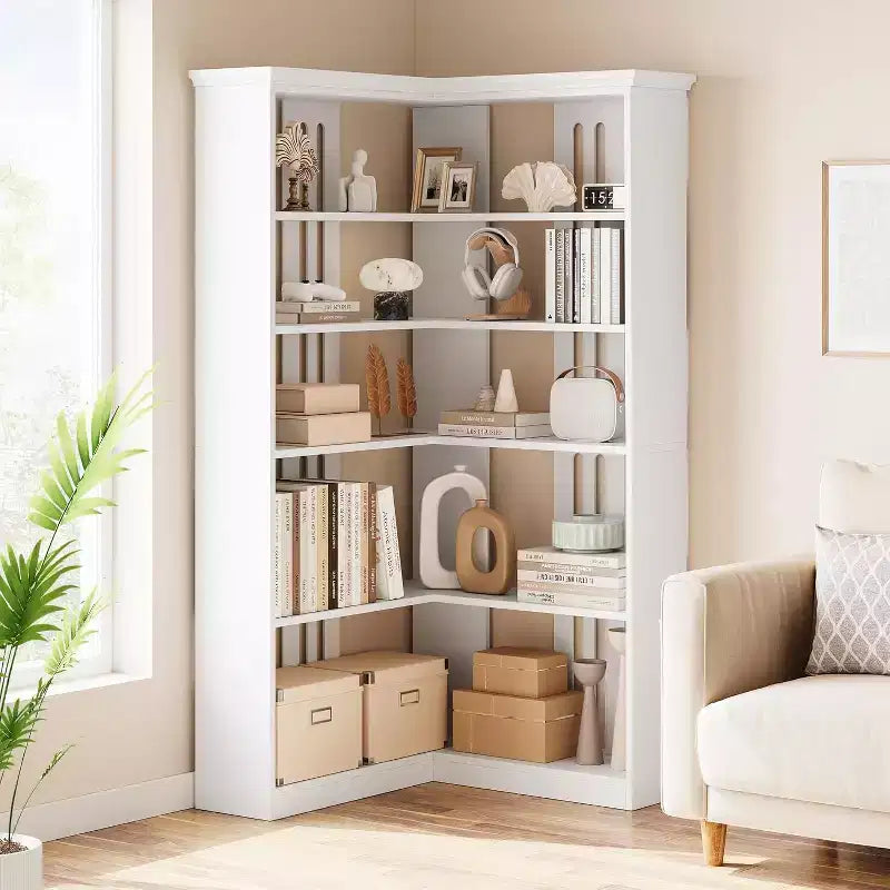 73 L-Shaped Corner Bookshelf - 5-Tier Farmhouse Shelf with 60lb Capacity, Thickened MDF Boards