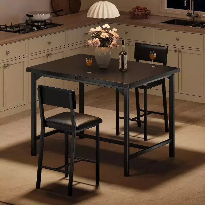 Dining Table Set for 2 W/Footrest & Backrest, Counter Height Table with 2 Upholstered Bar Chairs, Kitchen Table Set with Corner Protector