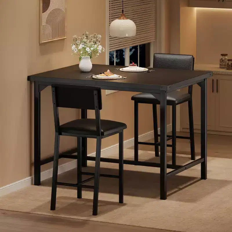 Dining Table Set for 2 W/Footrest & Backrest, Counter Height Table with 2 Upholstered Bar Chairs, Kitchen Table Set with Corner Protector
