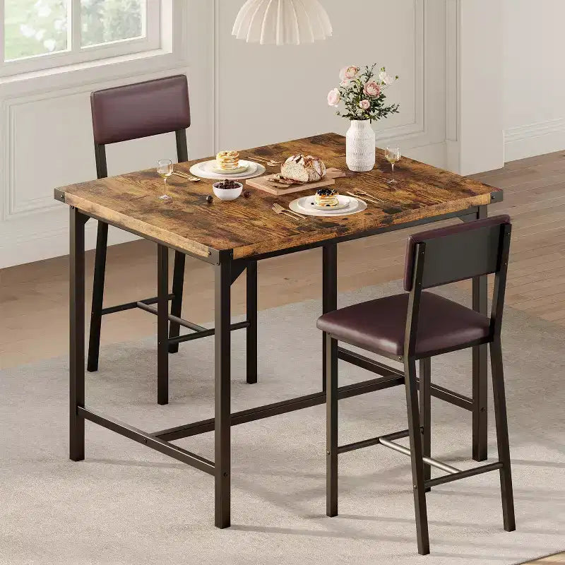 Dining Table Set for 2 W/Footrest & Backrest, Counter Height Table with 2 Upholstered Bar Chairs, Kitchen Table Set with Corner Protector