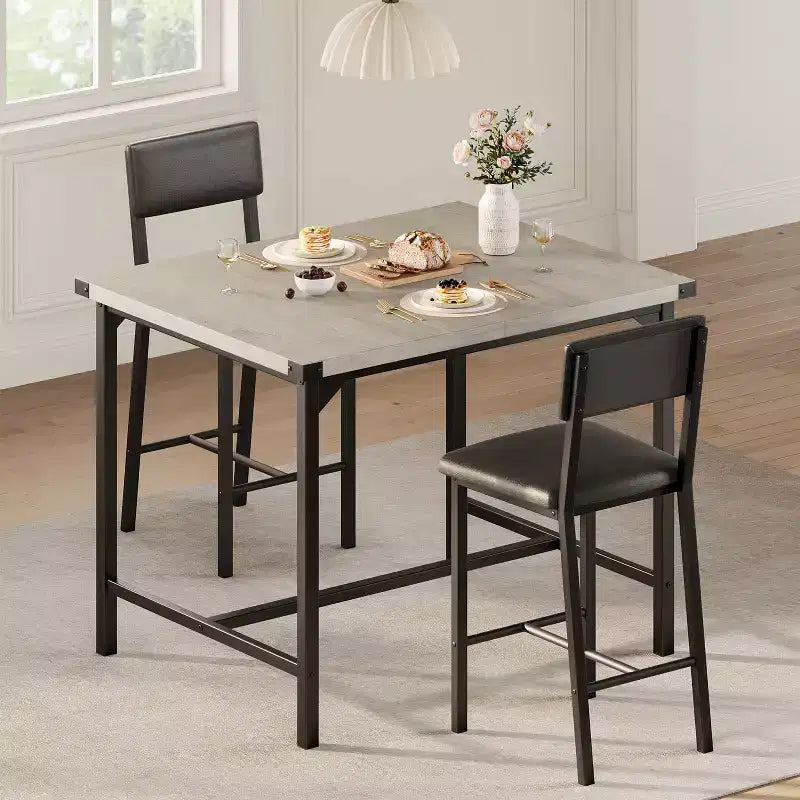 Dining Table Set for 2 W/Footrest & Backrest, Counter Height Table with 2 Upholstered Bar Chairs, Kitchen Table Set with Corner Protector
