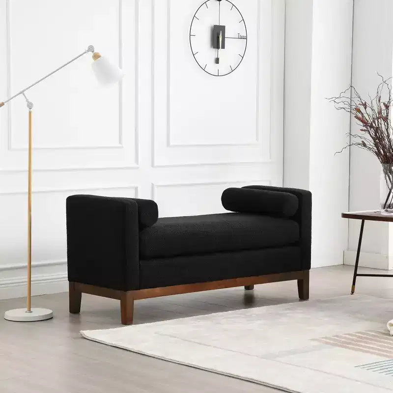 Boucle Upholstered Bench, Ottoman Bench with Wood Legs & Bolster Pillows For End Of Bed, Bedroom, Living Room, Entryway