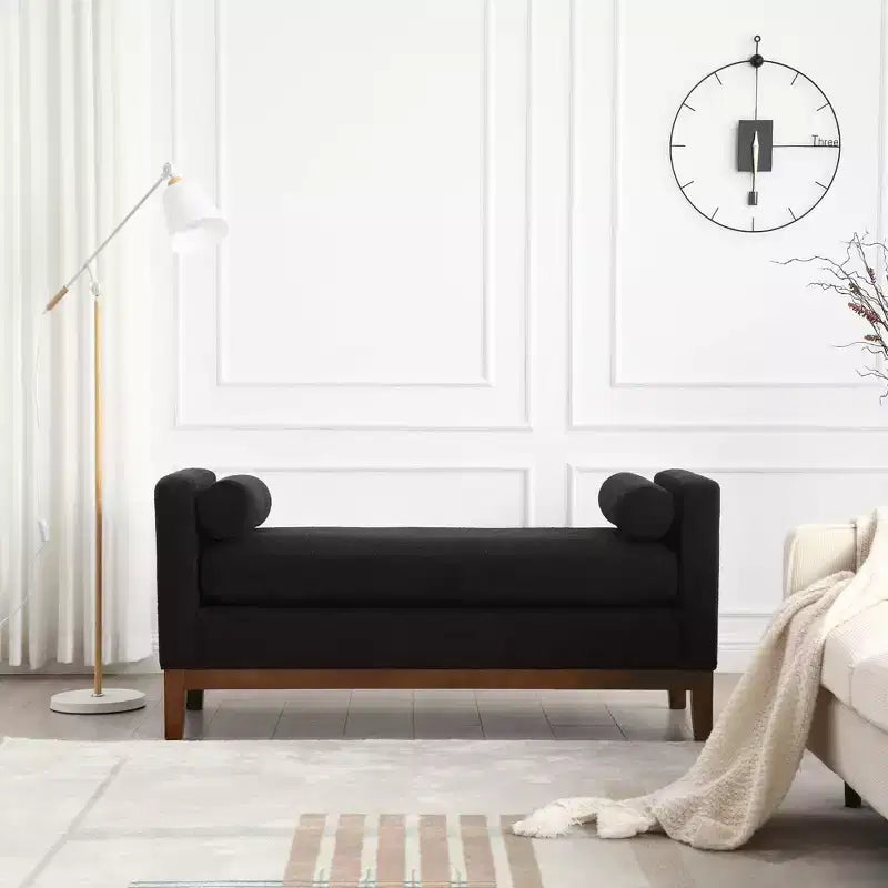 Boucle Upholstered Bench, Ottoman Bench with Wood Legs & Bolster Pillows For End Of Bed, Bedroom, Living Room, Entryway