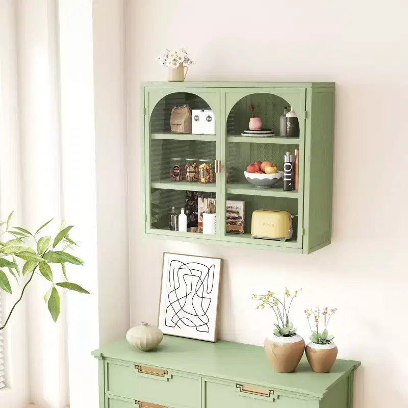 Okak Woven Pattern 2-door Wall Cabinet with Featuring 3-tier Storage Glass Doors for Entryway/Dining Room/Living Room/Kitchen
