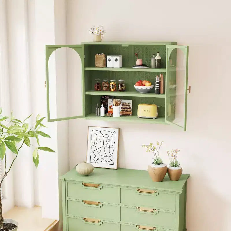 Okak Woven Pattern 2-door Wall Cabinet with Featuring 3-tier Storage Glass Doors for Entryway/Dining Room/Living Room/Kitchen