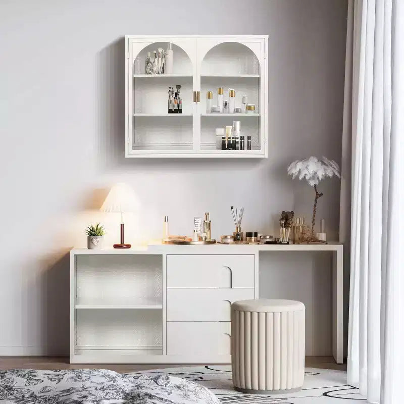 Okak Woven Pattern 2-door Wall Cabinet with Featuring 3-tier Storage Glass Doors for Entryway/Dining Room/Living Room/Kitchen