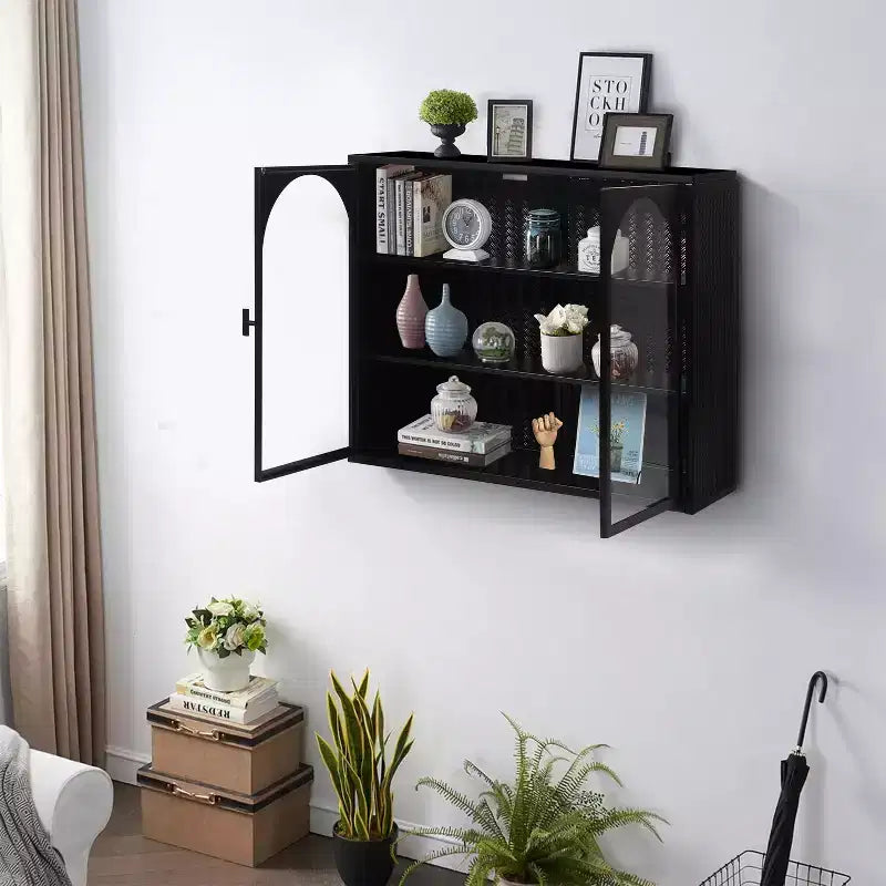 Okak Woven Pattern 2-door Wall Cabinet with Featuring 3-tier Storage Glass Doors for Entryway/Dining Room/Living Room/Kitchen