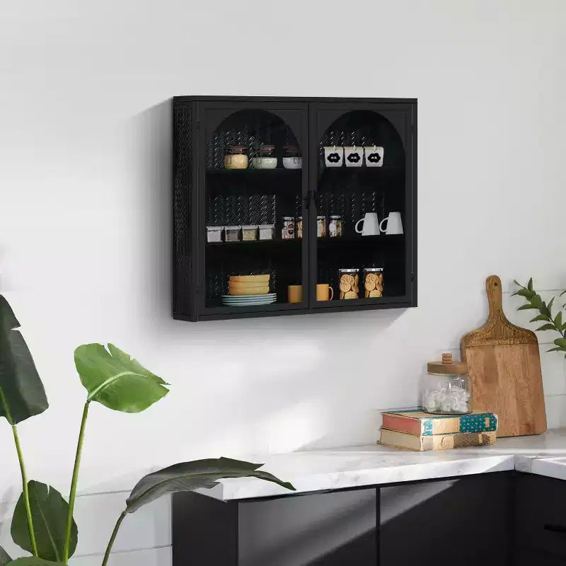 Okak Woven Pattern 2-door Wall Cabinet with Featuring 3-tier Storage Glass Doors for Entryway/Dining Room/Living Room/Kitchen