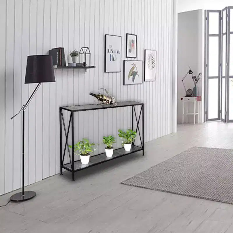 Simple 2-layer X-shaped Side Frame Density Board Iron Frame 120 * 23 * 74cm Gray Board Black Frame Door Storage Entrance Table