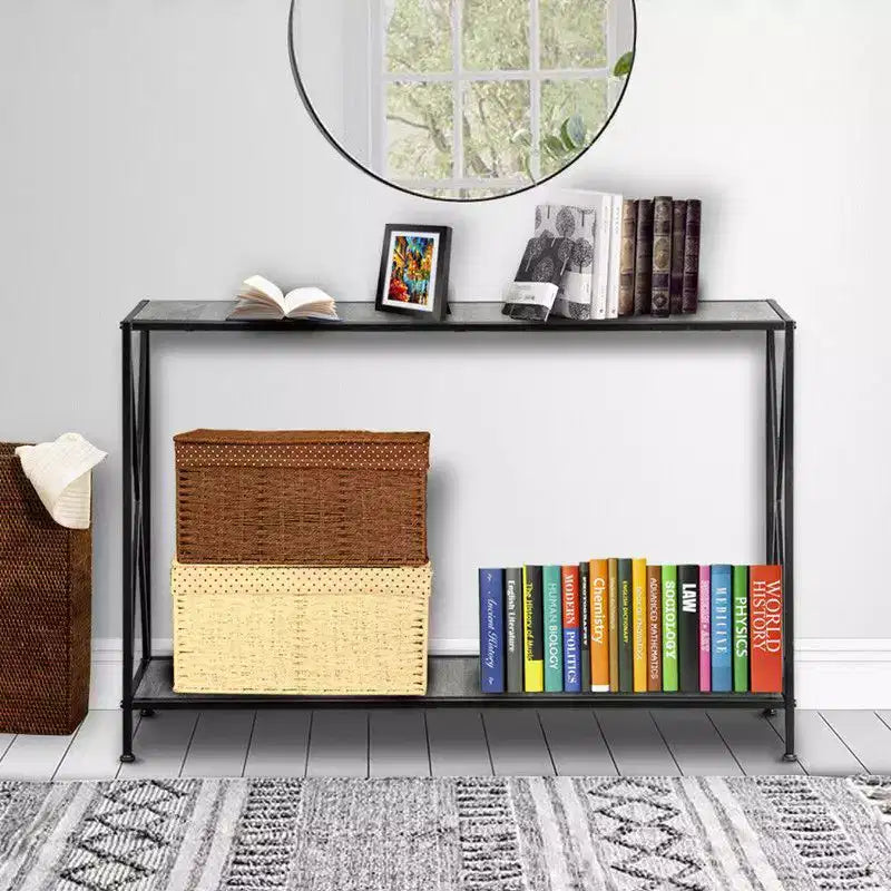Simple 2-layer X-shaped Side Frame Density Board Iron Frame 120 * 23 * 74cm Gray Board Black Frame Door Storage Entrance Table