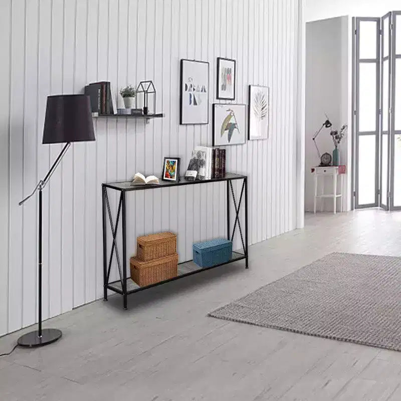 Simple 2-layer X-shaped Side Frame Density Board Iron Frame 120 * 23 * 74cm Gray Board Black Frame Door Storage Entrance Table