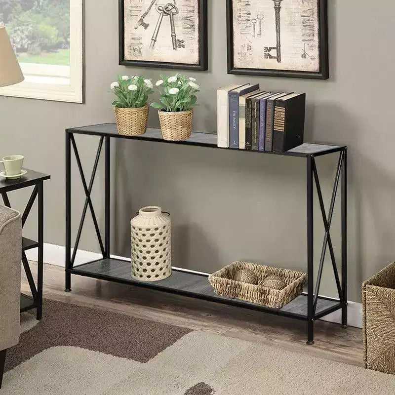 Simple 2-layer X-shaped Side Frame Density Board Iron Frame 120 * 23 * 74cm Gray Board Black Frame Door Storage Entrance Table