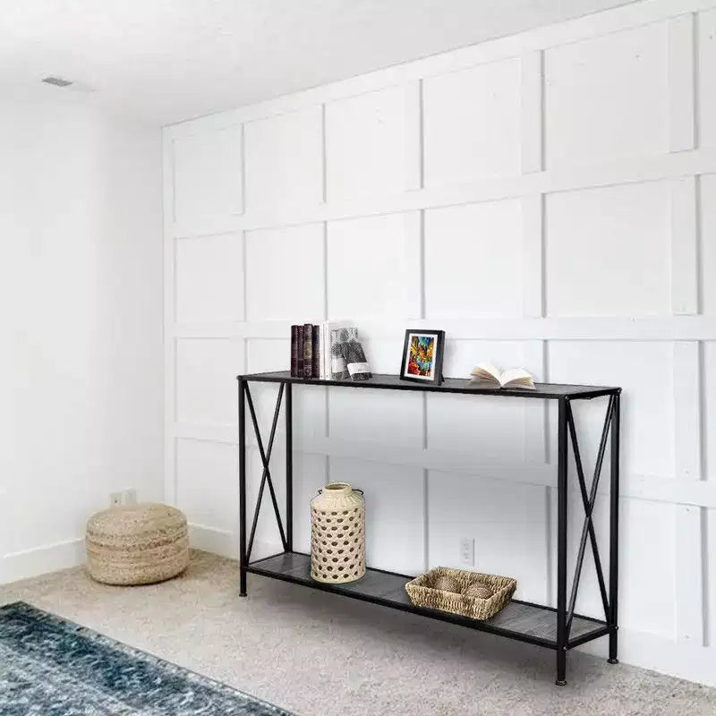 Simple 2-layer X-shaped Side Frame Density Board Iron Frame 120 * 23 * 74cm Gray Board Black Frame Door Storage Entrance Table