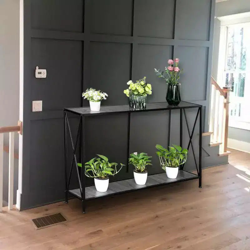 Simple 2-layer X-shaped Side Frame Density Board Iron Frame 120 * 23 * 74cm Gray Board Black Frame Door Storage Entrance Table