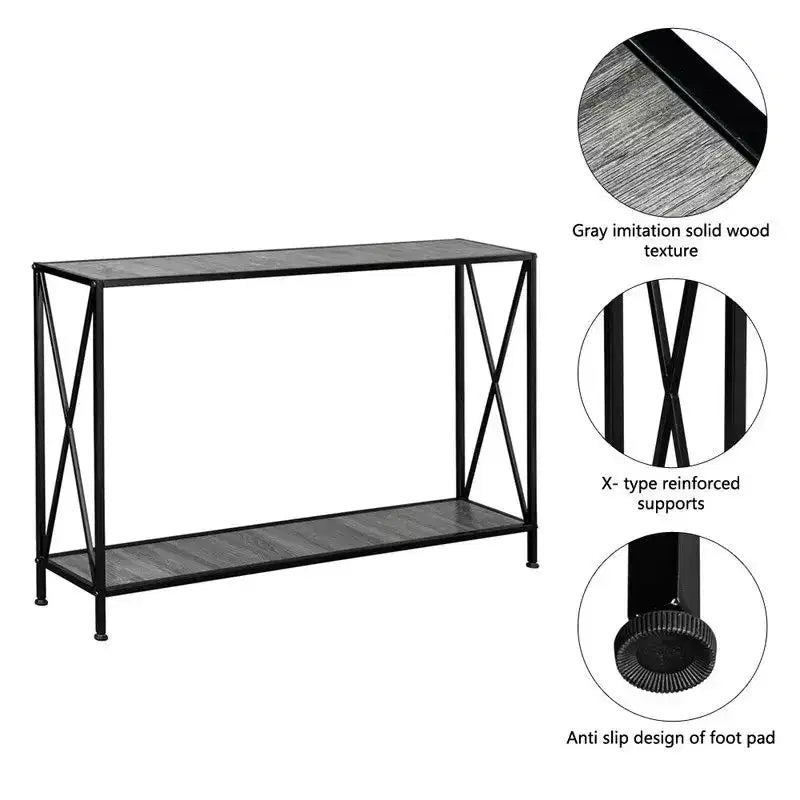 Simple 2-layer X-shaped Side Frame Density Board Iron Frame 120 * 23 * 74cm Gray Board Black Frame Door Storage Entrance Table