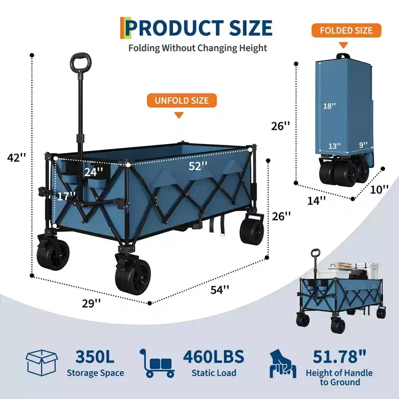 TROPOW Collapsible Utility Wagon Cart with All Terrain Wheels, Heavy Duty Foldable Beach Wagon, Portable Cart for Groceries Sand Camping, Blue