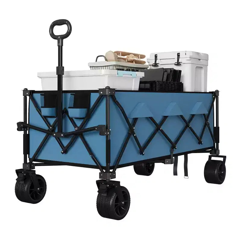 TROPOW Collapsible Utility Wagon Cart with All Terrain Wheels, Heavy Duty Foldable Beach Wagon, Portable Cart for Groceries Sand Camping, Blue