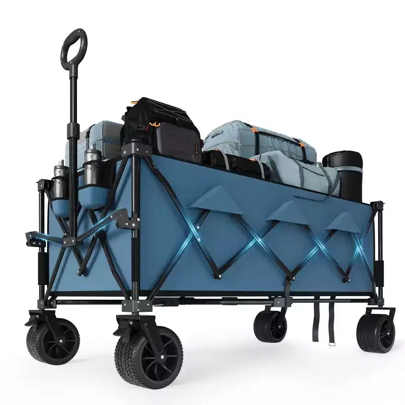 TROPOW Collapsible Utility Wagon Cart with All Terrain Wheels, Heavy Duty Foldable Beach Wagon, Portable Cart for Groceries Sand Camping, Blue