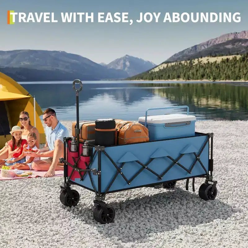 TROPOW Collapsible Utility Wagon Cart with All Terrain Wheels, Heavy Duty Foldable Beach Wagon, Portable Cart for Groceries Sand Camping, Blue