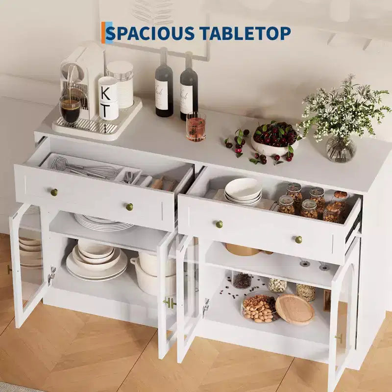 55 Inch Sideboard Buffet Cabinet with 4 Acrylic Doors and 2 Drawers, Wooden Kitchen Cabinet, Console Table for Living Room, Dining Room, Entryway