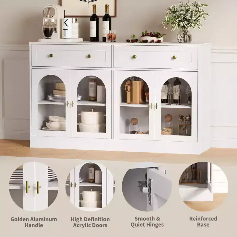 55 Inch Sideboard Buffet Cabinet with 4 Acrylic Doors and 2 Drawers, Wooden Kitchen Cabinet, Console Table for Living Room, Dining Room, Entryway