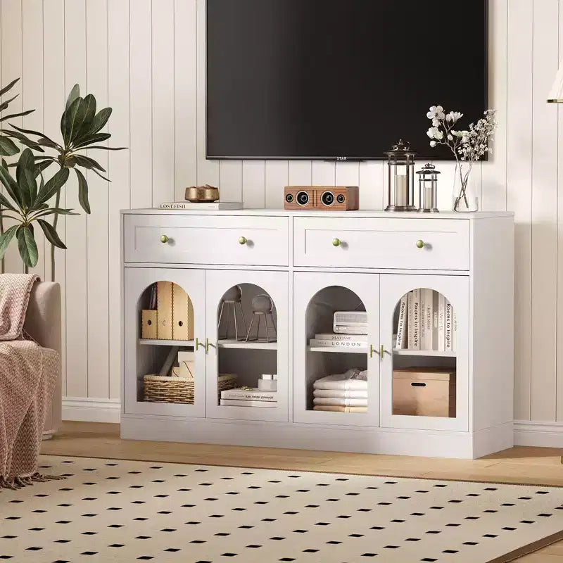 55 Inch Sideboard Buffet Cabinet with 4 Acrylic Doors and 2 Drawers, Wooden Kitchen Cabinet, Console Table for Living Room, Dining Room, Entryway