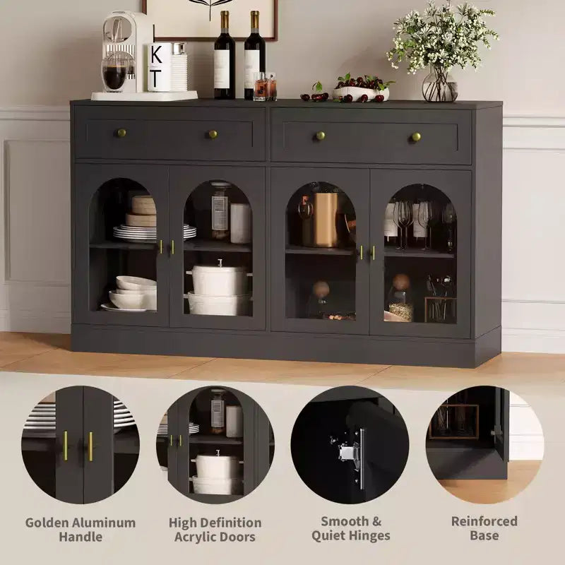 55 Inch Sideboard Buffet Cabinet with 4 Acrylic Doors and 2 Drawers, Wooden Kitchen Cabinet, Console Table for Living Room, Dining Room, Entryway