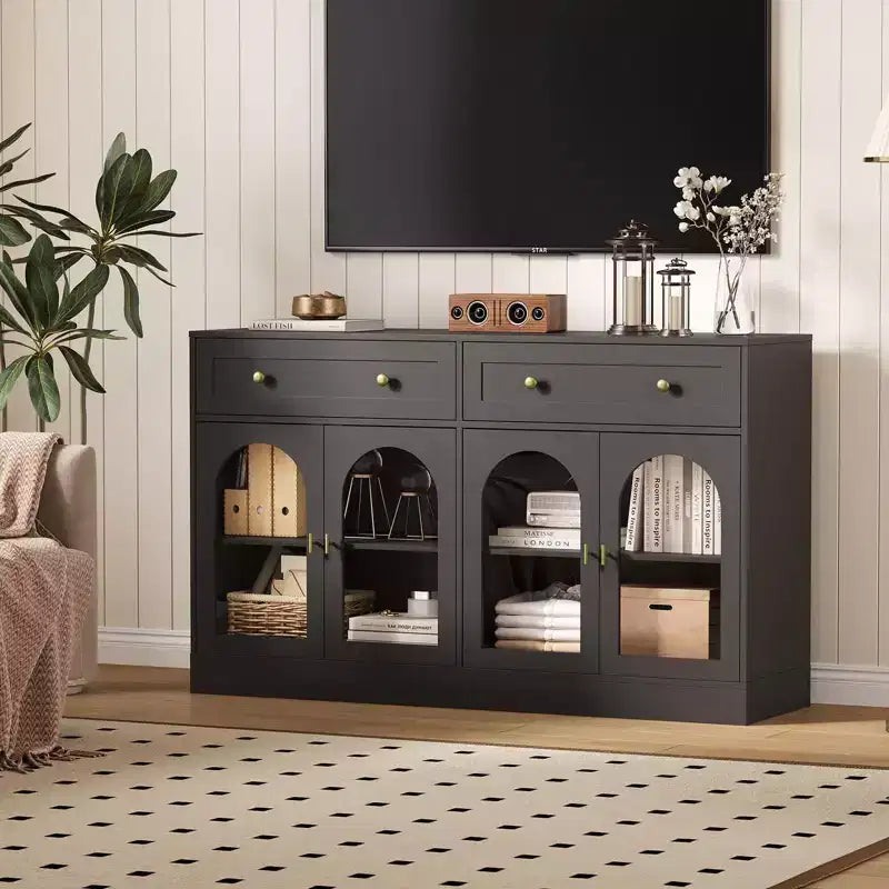 55 Inch Sideboard Buffet Cabinet with 4 Acrylic Doors and 2 Drawers, Wooden Kitchen Cabinet, Console Table for Living Room, Dining Room, Entryway