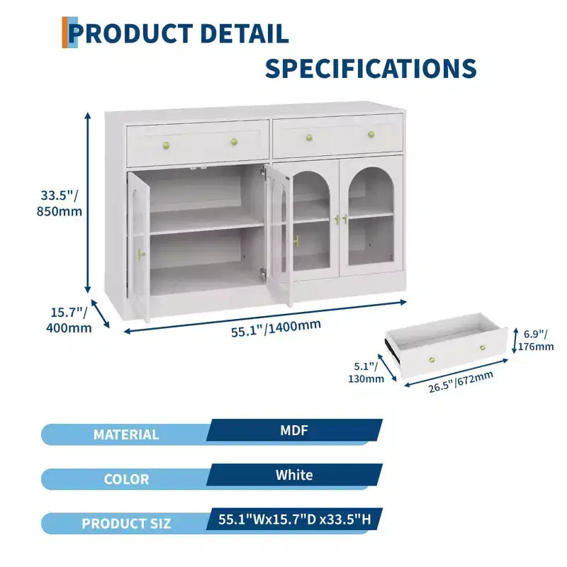 55 Inch Sideboard Buffet Cabinet with 4 Acrylic Doors and 2 Drawers, Wooden Kitchen Cabinet, Console Table for Living Room, Dining Room, Entryway