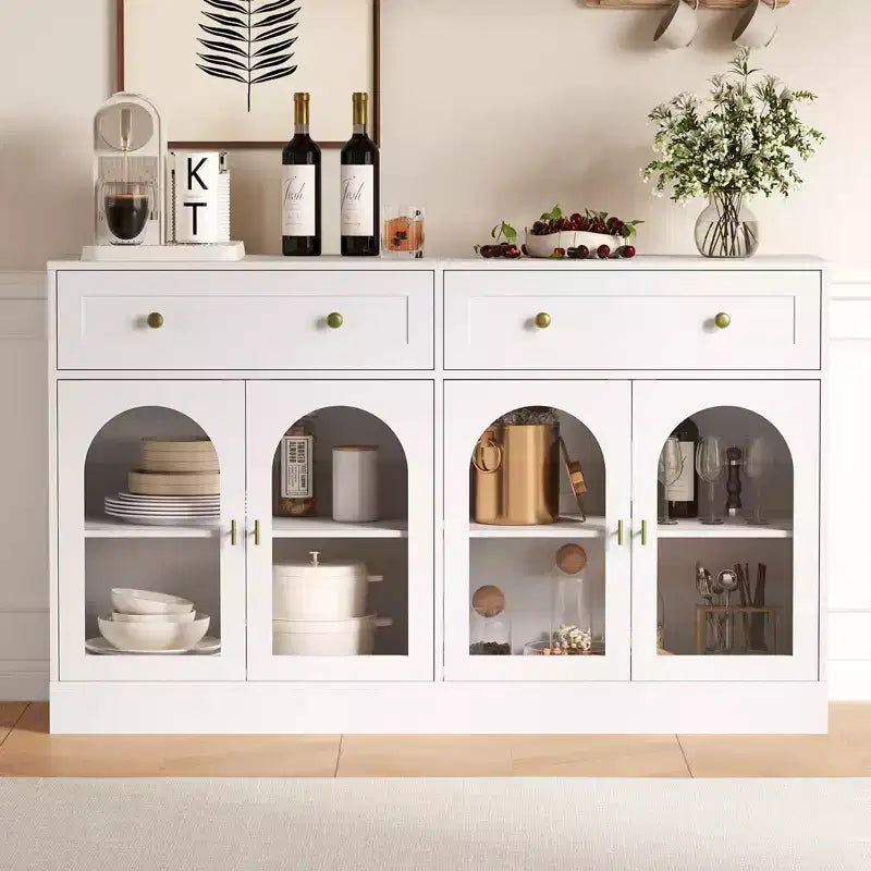 55 Inch Sideboard Buffet Cabinet with 4 Acrylic Doors and 2 Drawers, Wooden Kitchen Cabinet, Console Table for Living Room, Dining Room, Entryway