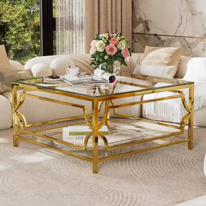 Merax Square Coffee Table with Black or Clear Glass Top and Two-Tier Display Shelf