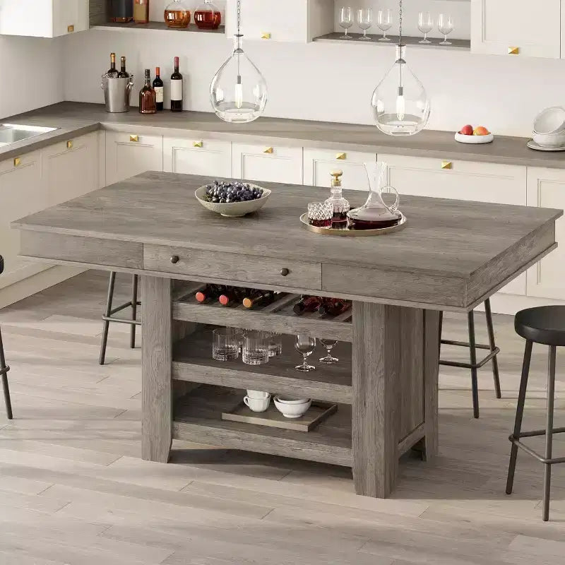 Acekool Counter Height Dining Table, 36 Tall, Farmhouse Rectangular Table with Storage, Wine Rack, Drawers, Easy Assembly,