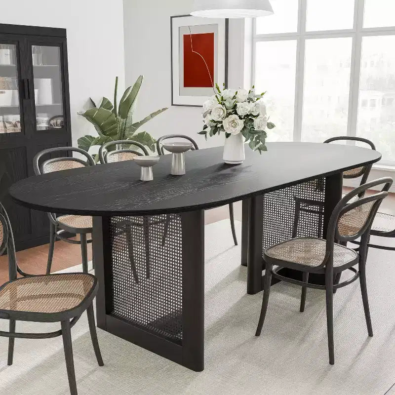 PexFix 79 x 33.5 Farmhouse Kitchen Dining Room Table Home Furniture Oval Black Kitchen Table with Rattan Woven Legs for Kitchen Bar Living Room