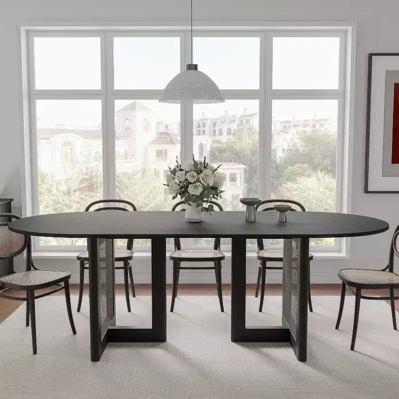 PexFix 79 x 33.5 Farmhouse Kitchen Dining Room Table Home Furniture Oval Black Kitchen Table with Rattan Woven Legs for Kitchen Bar Living Room