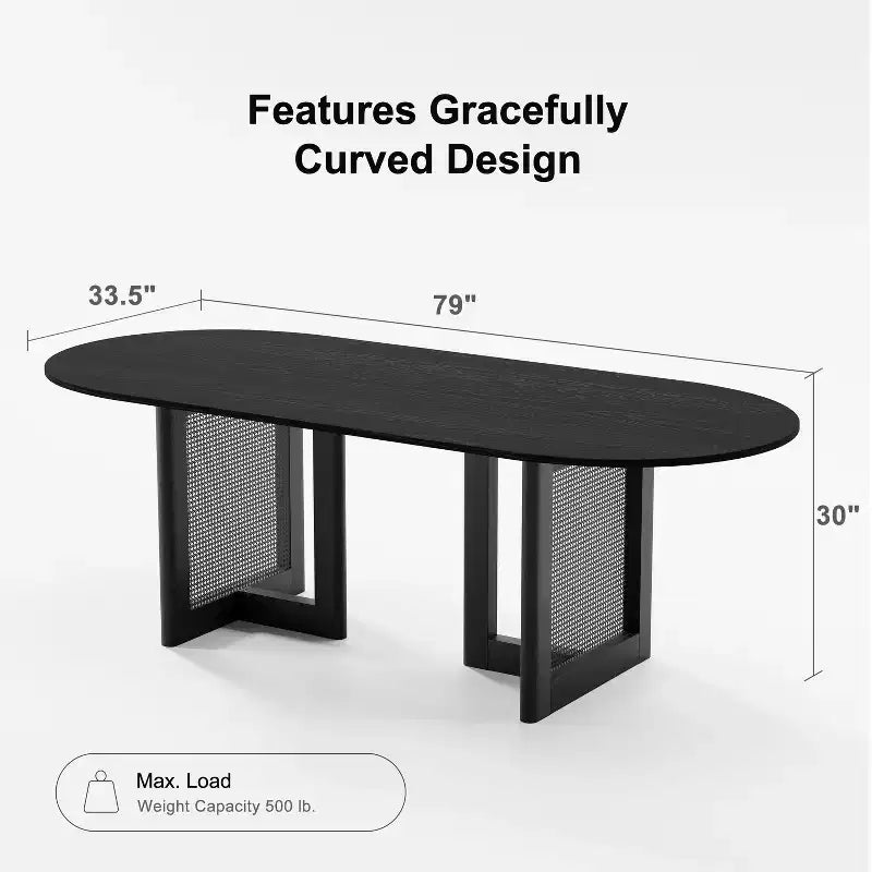 PexFix 79 x 33.5 Farmhouse Kitchen Dining Room Table Home Furniture Oval Black Kitchen Table with Rattan Woven Legs for Kitchen Bar Living Room