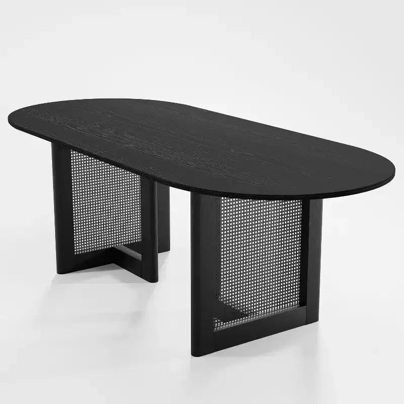 PexFix 79 x 33.5 Farmhouse Kitchen Dining Room Table Home Furniture Oval Black Kitchen Table with Rattan Woven Legs for Kitchen Bar Living Room