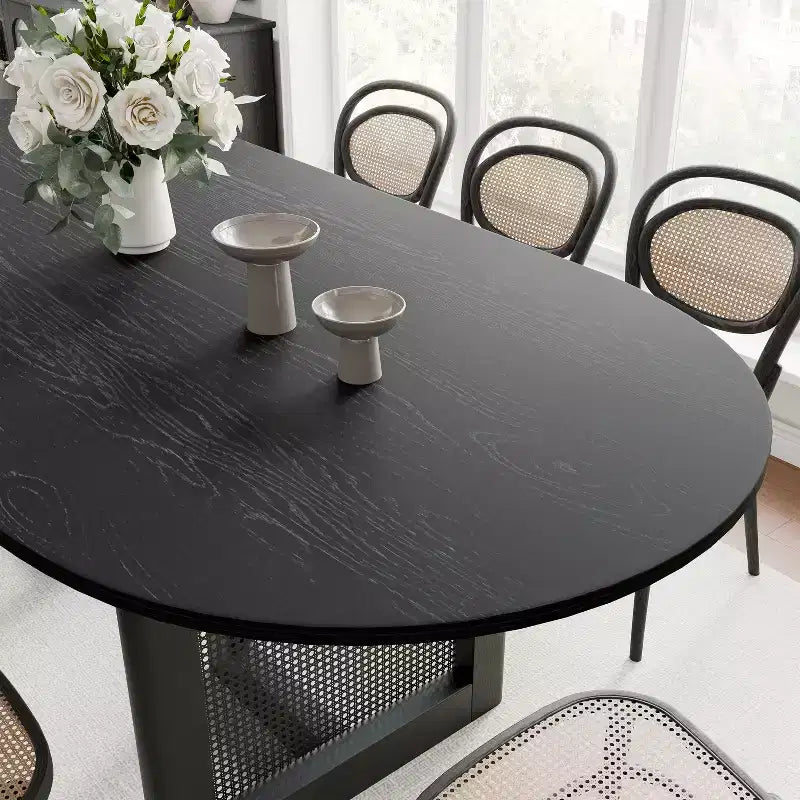 PexFix 79 x 33.5 Farmhouse Kitchen Dining Room Table Home Furniture Oval Black Kitchen Table with Rattan Woven Legs for Kitchen Bar Living Room