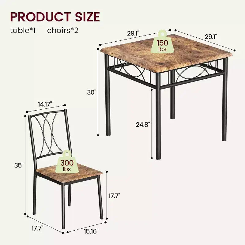 3-Piece Square Dining Set for 2 - Table & Upholstered Chairs for Small Spaces