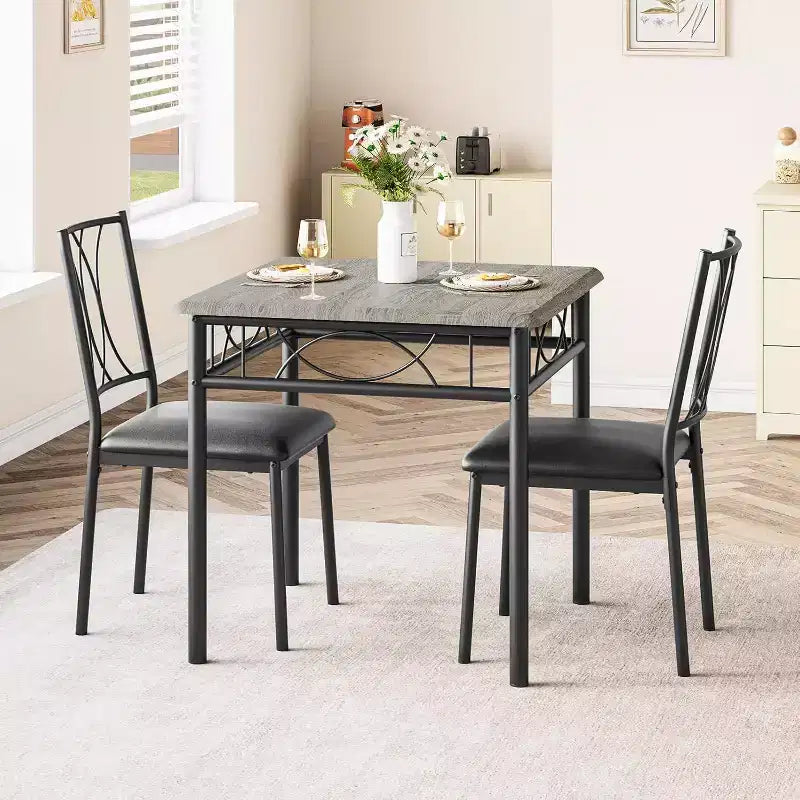 3-Piece Square Dining Set for 2 - Table & Upholstered Chairs for Small Spaces