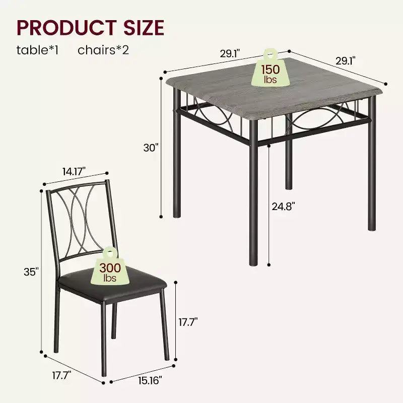 3-Piece Square Dining Set for 2 - Table & Upholstered Chairs for Small Spaces