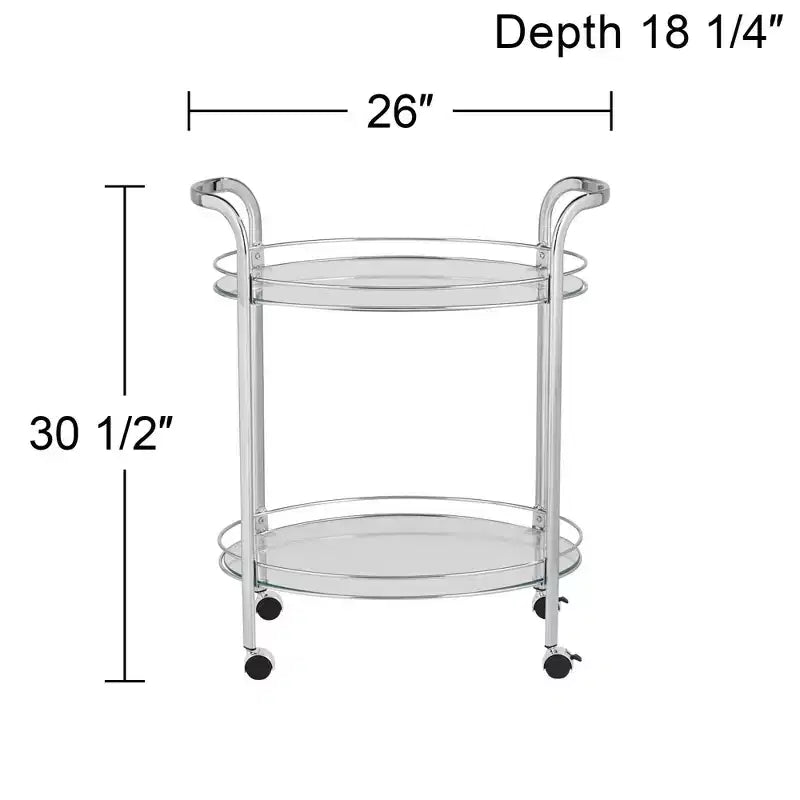 Studio 55D Carli Modern Chrome Steel Oval 2-Tier Serving Bar Cart 26 x 18 1/4 Silver Rolling Clear Glass Shelves for Living Room