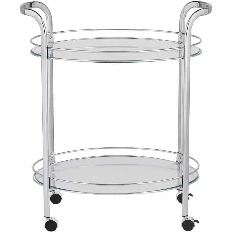 Studio 55D Carli Modern Chrome Steel Oval 2-Tier Serving Bar Cart 26 x 18 1/4 Silver Rolling Clear Glass Shelves for Living Room