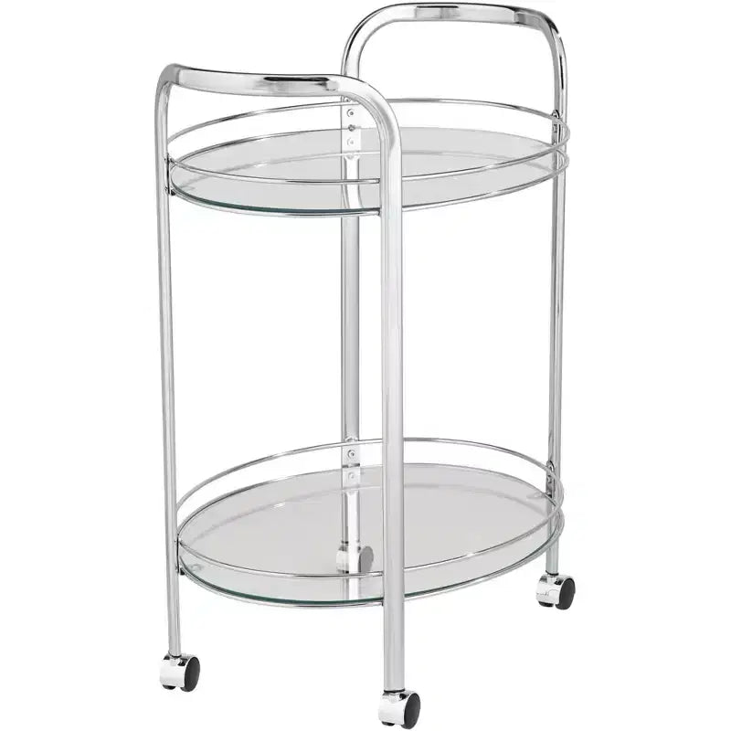 Studio 55D Carli Modern Chrome Steel Oval 2-Tier Serving Bar Cart 26 x 18 1/4 Silver Rolling Clear Glass Shelves for Living Room