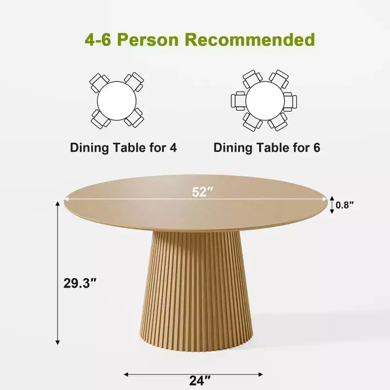 PexFix 52 Round Dining Table for 6 People Modern Pedestal Table with Fluted Cone Base & Wood MDF Top for Small Space Kitchen Dining Room Cafe Natural