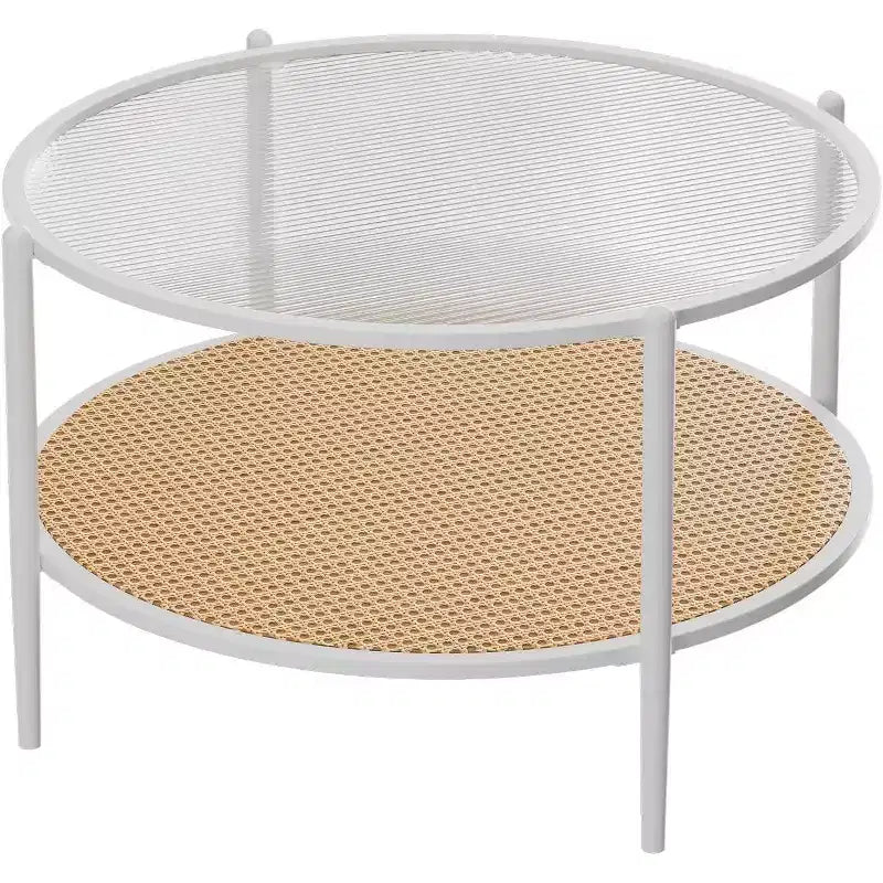 Acekool Boho Round Coffee Table, 30 Water-Wave Glass Top, 2-Tier Faux Rattan Storage, Metal Frame