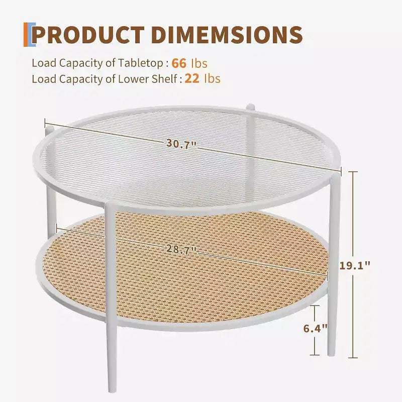 Acekool Boho Round Coffee Table, 30 Water-Wave Glass Top, 2-Tier Faux Rattan Storage, Metal Frame