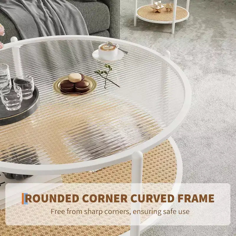 Acekool Boho Round Coffee Table, 30 Water-Wave Glass Top, 2-Tier Faux Rattan Storage, Metal Frame