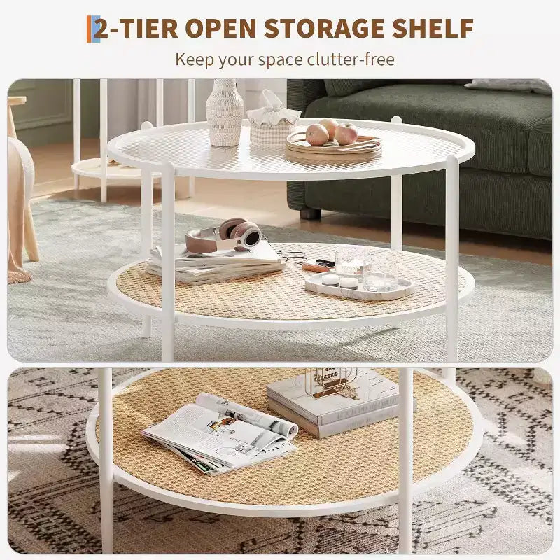 Acekool Boho Round Coffee Table, 30 Water-Wave Glass Top, 2-Tier Faux Rattan Storage, Metal Frame