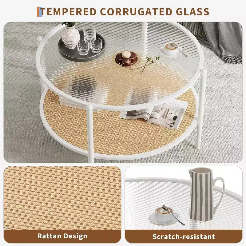 Acekool Boho Round Coffee Table, 30 Water-Wave Glass Top, 2-Tier Faux Rattan Storage, Metal Frame