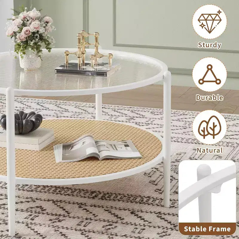 Acekool Boho Round Coffee Table, 30 Water-Wave Glass Top, 2-Tier Faux Rattan Storage, Metal Frame
